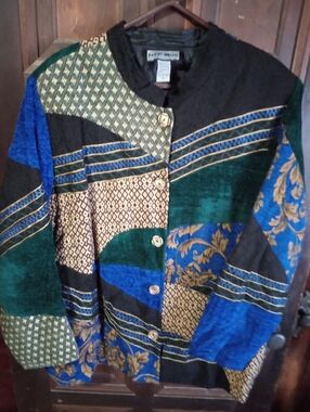 Indigo Moon Size 2X Velvet Button-Up Jacket in Blue & Green & Gold